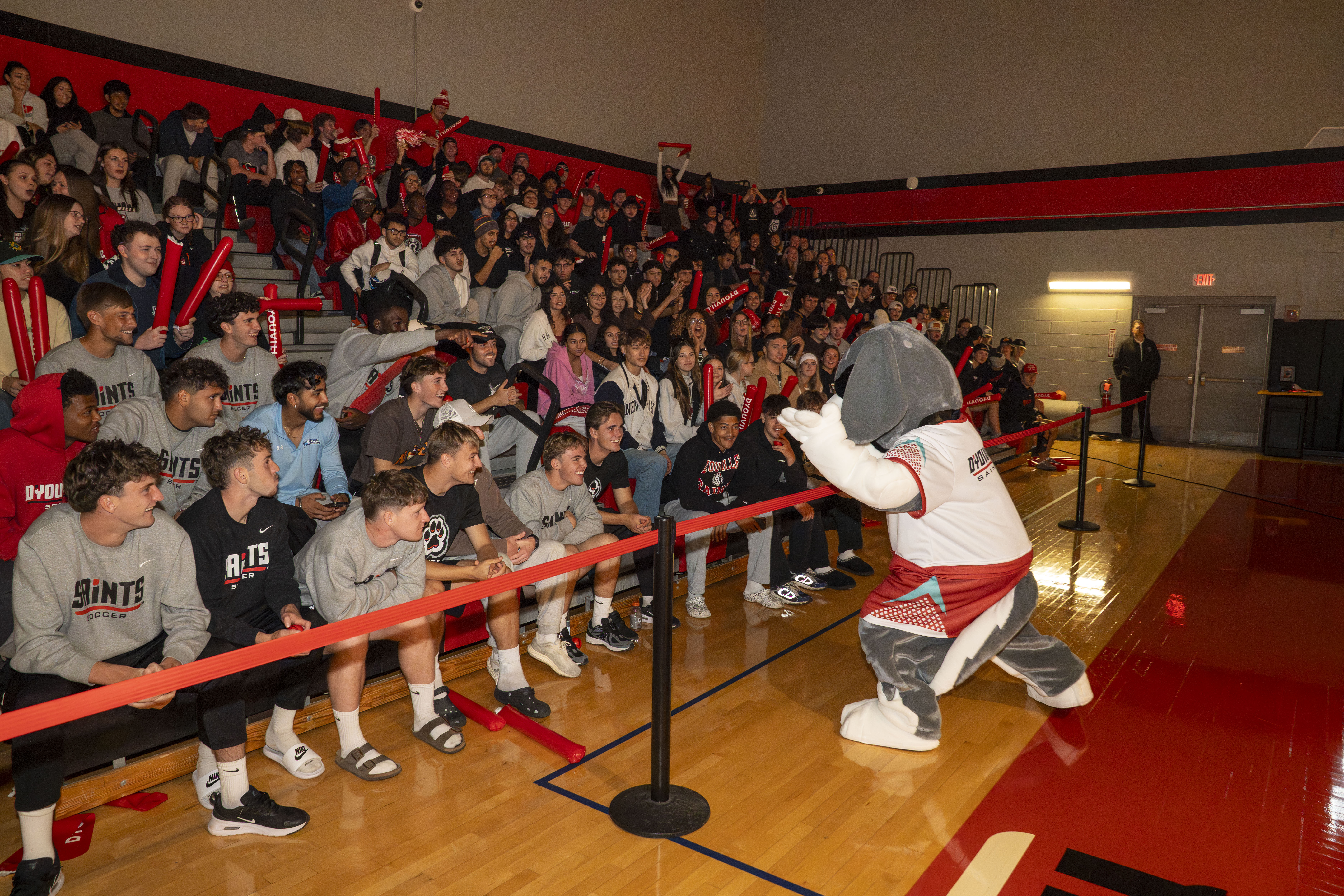 st bernard mascot stands in front of a crowd in bleachers inside a gym