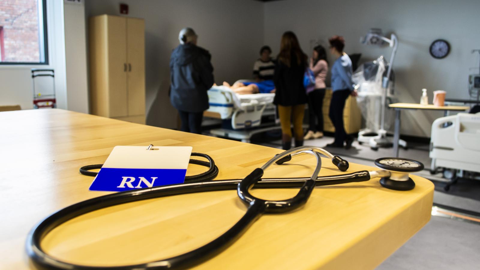 close up of stethoscope in simulation lab