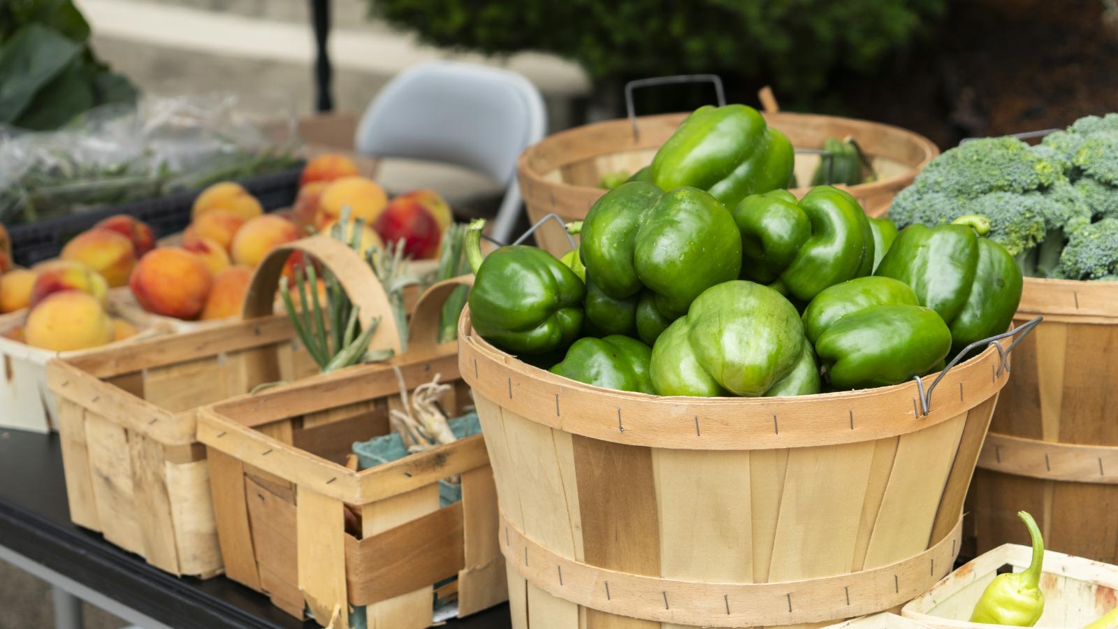 Vegetables and fruits in baskets at the DYouville University Farmers Market