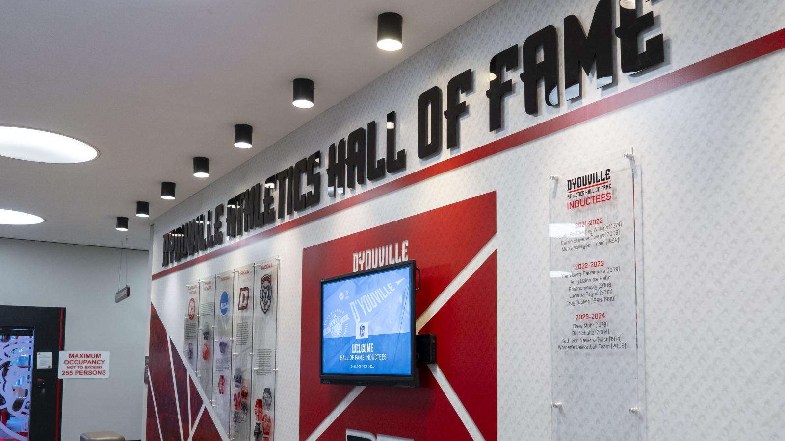Display Wall for the Athletics Hall of Fame inside the College Center building.