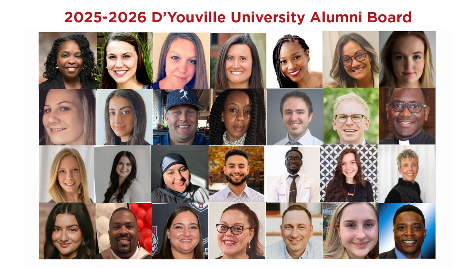 2025-2026 D'Youville University Alumni Board title above headshot of the 28 alumni board members