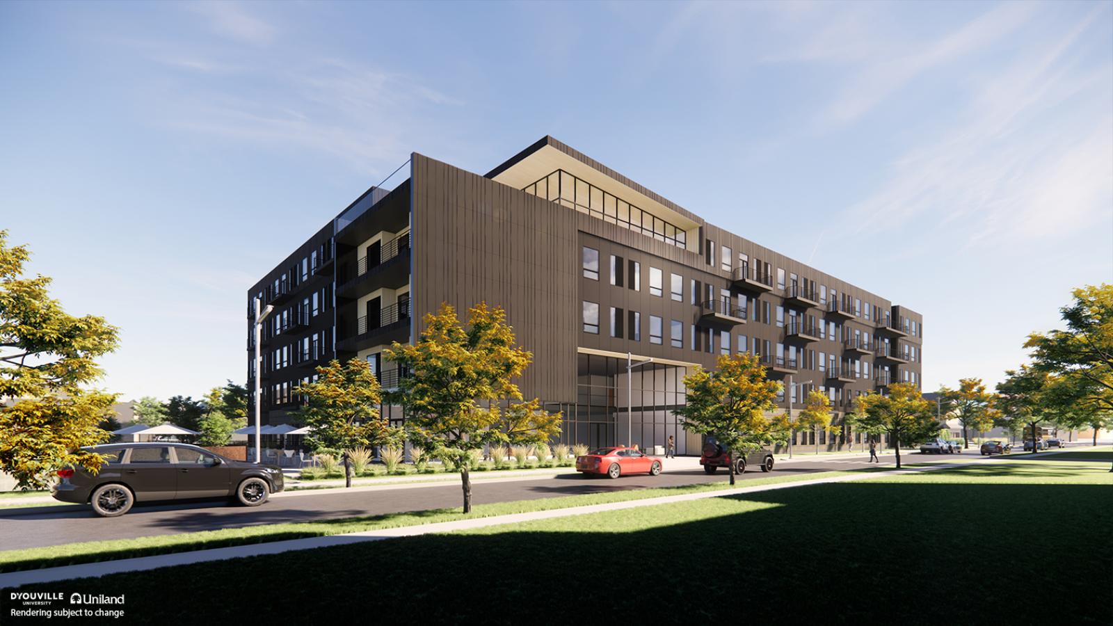 View of a residence hall building from West Avenue
