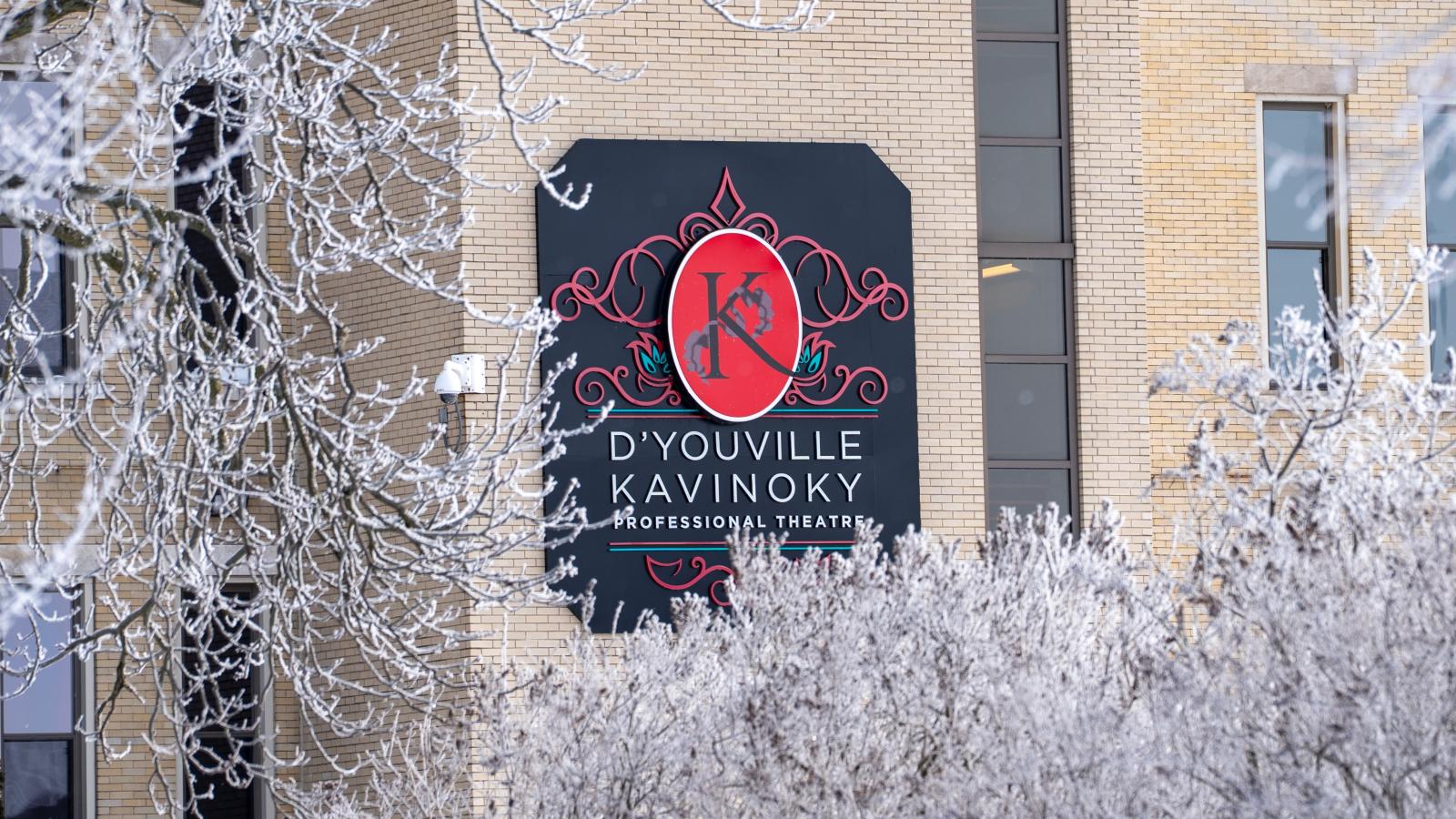 building sign surrounded by iced over trees. Sign reads D'Youville Kavinoky Professional Theatre.