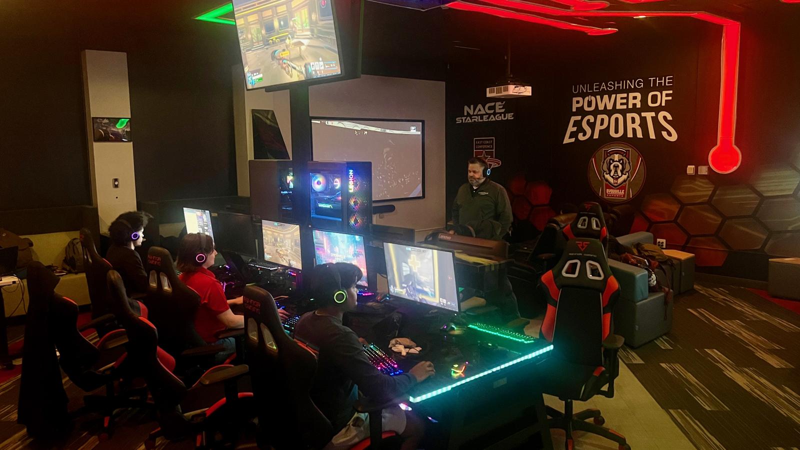 room with computer gaming desktops