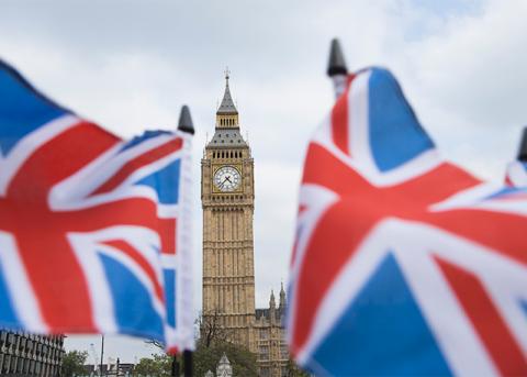 Big Ben clock tower framed with flags of the United Kingdom