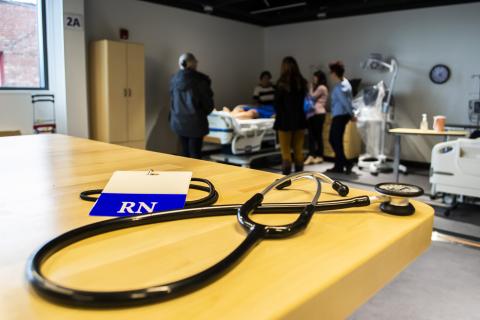 close up of stethoscope in simulation lab