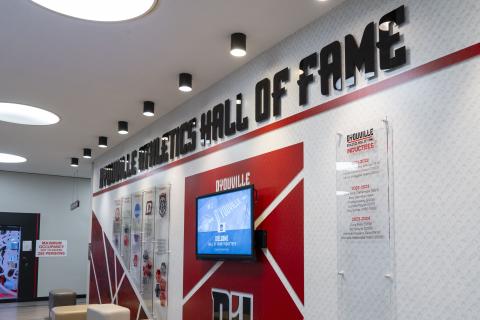 Display Wall for the Athletics Hall of Fame inside the College Center building.