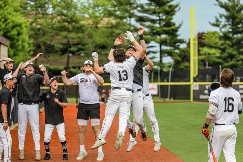 D'Youville University baseball team celebrates after game 2 win of the ECC Championship
