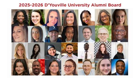 2025-2026 D'Youville University Alumni Board title above headshot of the 28 alumni board members