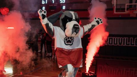 st. bernard mascot runs with arms up through a tunnel of smoke