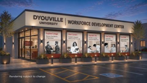 Building rendering with sign D'Youville University Workforce Development Center