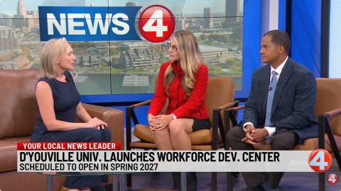 three people seated on a television set. Title reads News 4: D'Youville Univ. Launches Workforce Dev. Center.