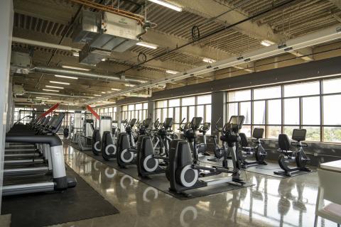 Fitness Facilities available to all students. Image row of workout bikes