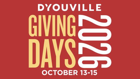Image with red background and yellow text. Text: D'Youvile Giving Day 2026 October 13-15