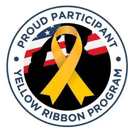 Icon of Yellow Ribbon Program with a Yellow Ribbon and a Soldier silhouette saluting to the flag 