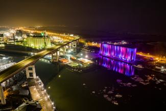 canalside silo at night