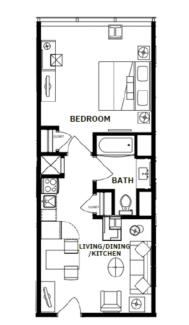 floor plan showing a kitchen, bath, bedroom, and living/dining room