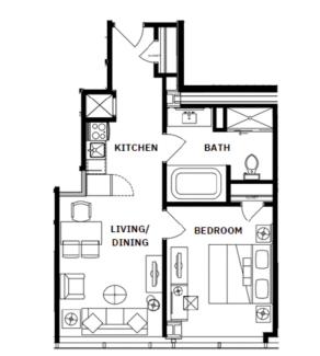 floor plan showing a kitchen, bath, bedroom, and living/dining room