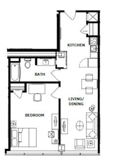 floor plan showing a kitchen, bath, bedroom, and living/dining room