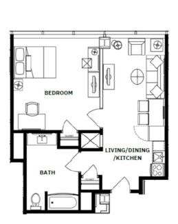 floor plan showing a kitchen, bath, bedroom, and living/dining room