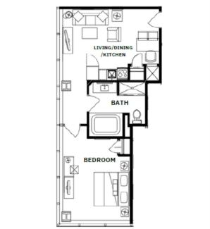 floor plan showing a kitchen, bath, bedroom, and living/dining room