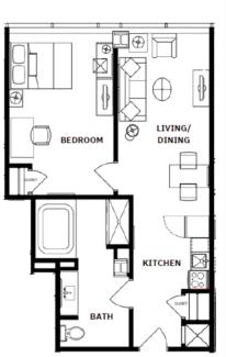floor plan showing a kitchen, bath, bedroom, and living/dining room