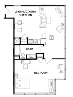 floor plan showing a kitchen, bath, bedroom, and living/dining room