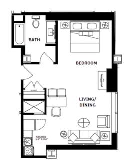 floor plan showing a kitchen, bath, bedroom, and living/dining room