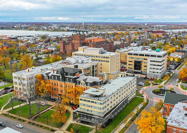 aerial of campus buildings