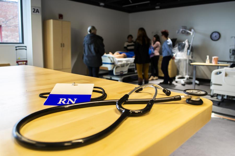 close up of stethoscope in simulation lab