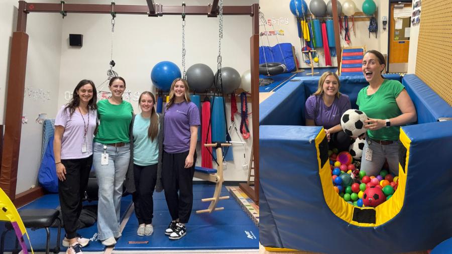 group of four women pose for a photo in front of physical therapy equipment