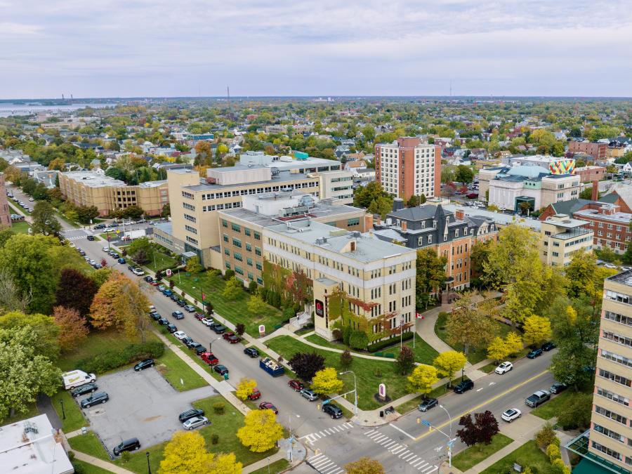 aerial photo of main D'Youville University campus