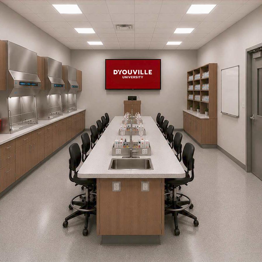long lab table with rows of rolling office chairs. sterile hoods line the wall as well as a shelving unit