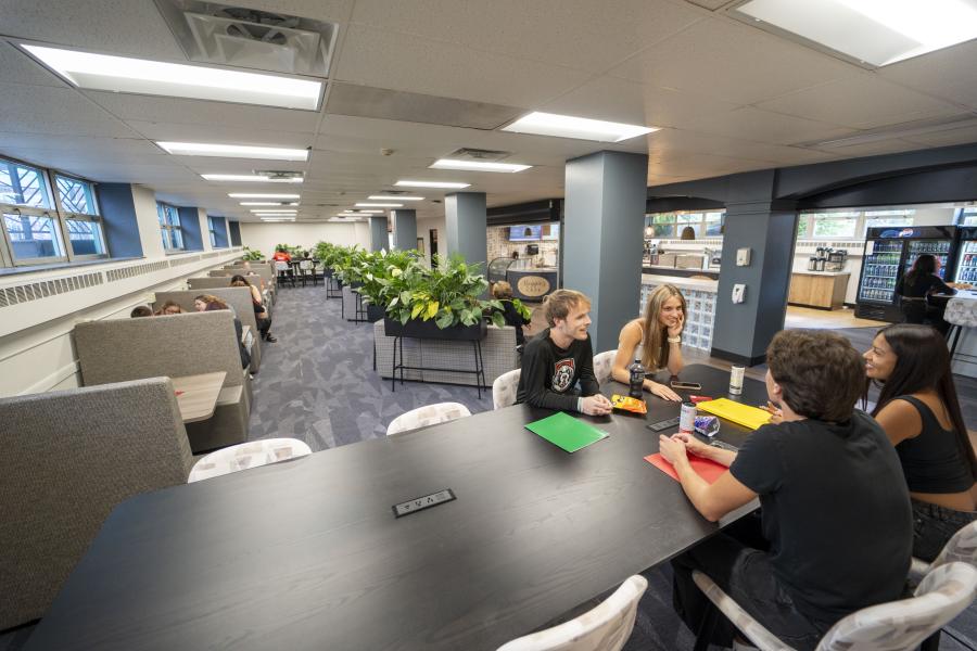 D'Youville Students having a discussion at Maggie's Cafe. One of the many renovated Cafe's in the University. 