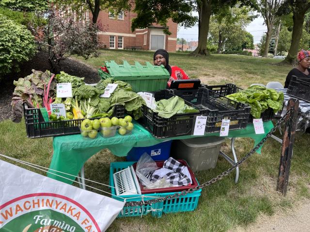 Farm vendor with vegetables at market in front of Holy Angels Church