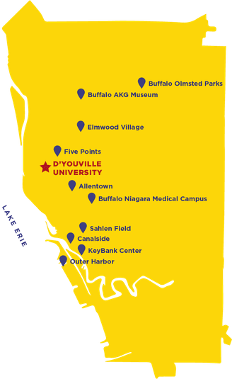 map of the city of buffalo. a star marks the location of D'Youville University.