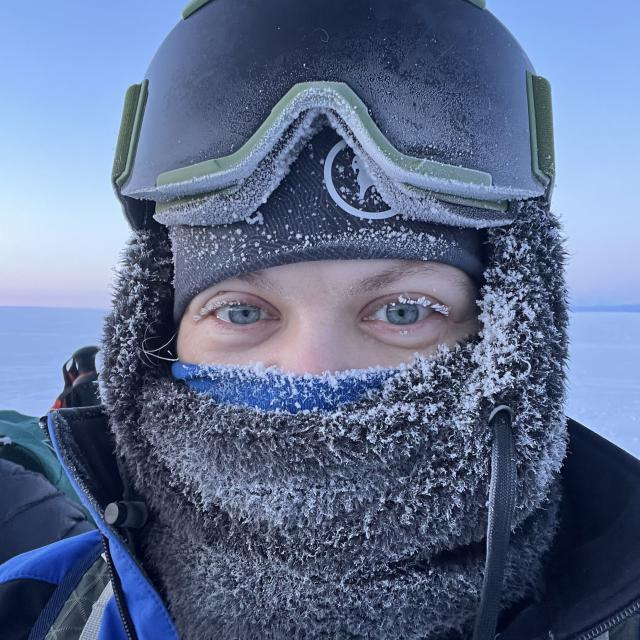 woman with ski goggles and frost over her face