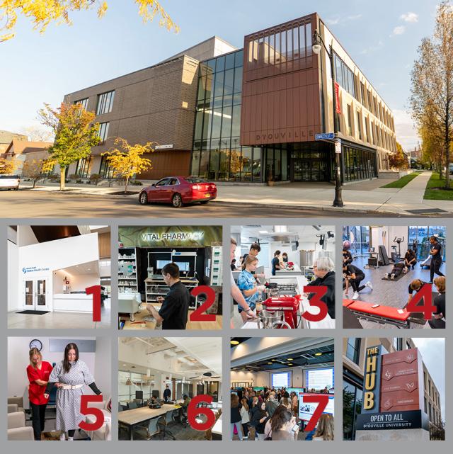 THE HUB FEATURES 7 UNIQUE SPACES:  Sisters Health Center - D'Youville Vital Pharmacy D'Lish Demonstration Kitchen Thrive Rehabilitation & Wellness Center Interprofessional Simulation Center The Hive workspace Center for Health Equity and Innovation