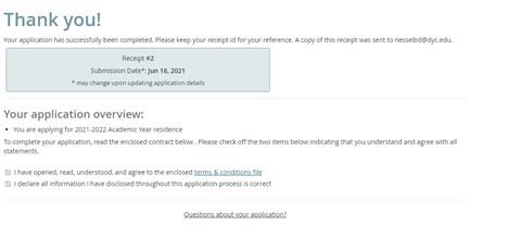 Your application has successfully been completed. Please keep your receopt id for your reference. You need to check off the two items below indicating that you understand and agree with all statements.
