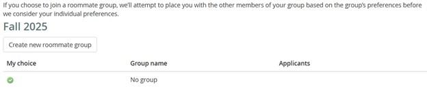 Choosing a roommate group. button that reads "create new roommate group"